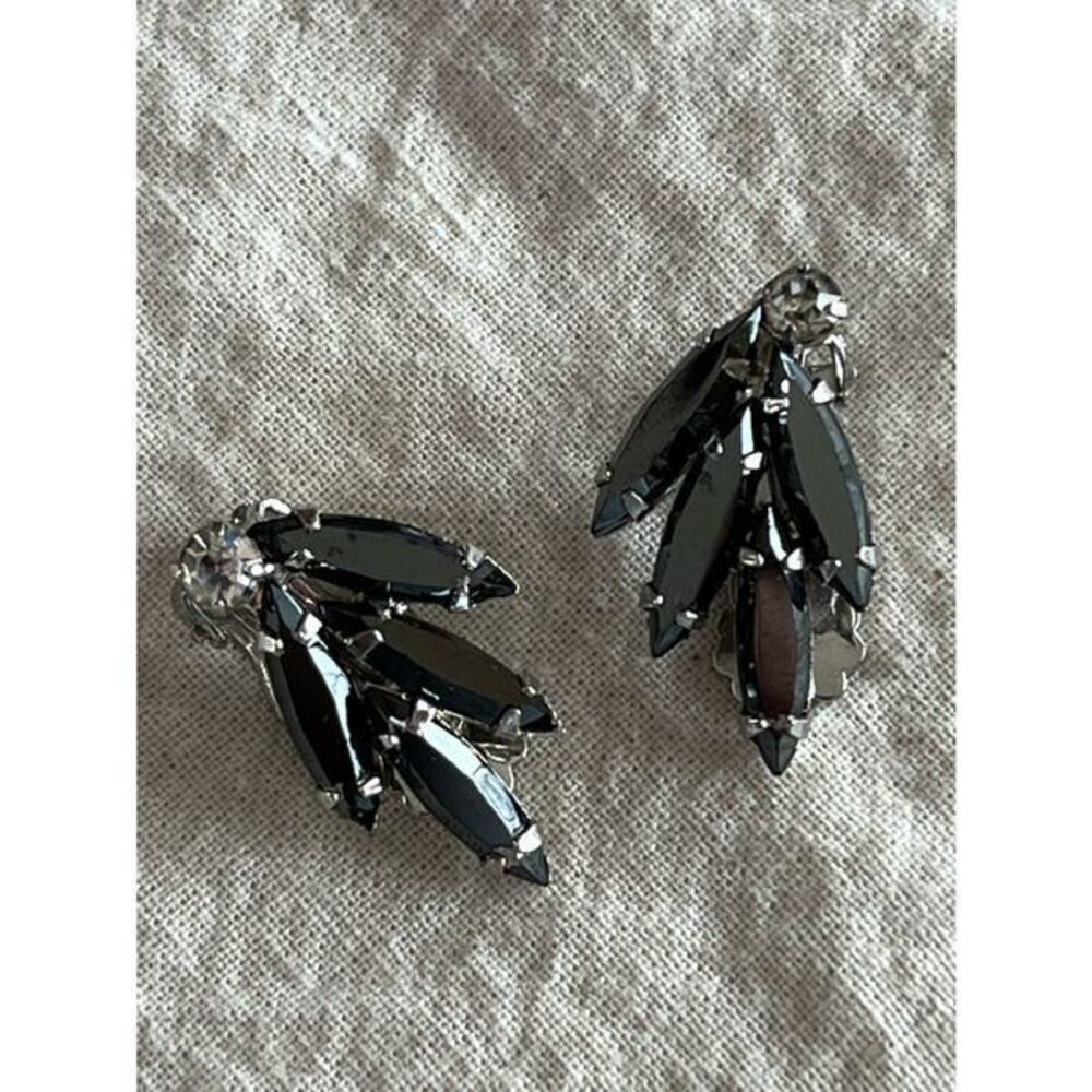 Vintage Silver Tone Black Rhinestone Clip On Earrings